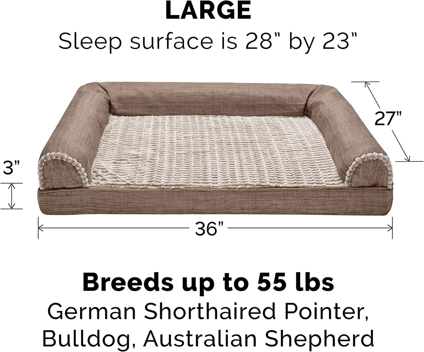 Cooling Gel Dog Bed for Large/Medium Dogs W/ Removable Bolsters & Washable Cover, for Dogs up to 55 Lbs - Luxe Faux Fur & Performance Linen Sofa - Woodsmoke, Large