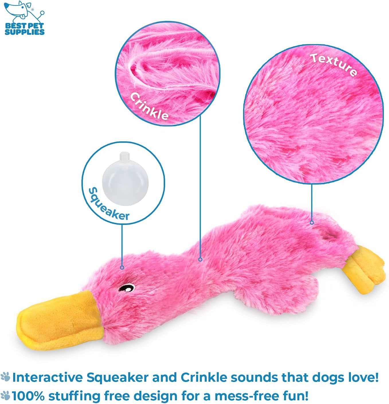 Crinkle Dog Toy for Small, Medium, and Large Breeds, Cute No Stuffing Duck with Soft Squeaker, Fun for Indoor Puppies and Senior Pups, Plush No Mess Chew and Play - Light Pink