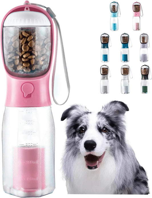 Portable 3-In-1 Dog Water Bottle with Food Container & Poop Bag Holder, 20Oz (Pink)