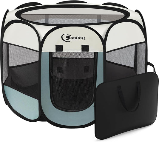 Dog Cat Playpen, Puppy Pet Playpen Indoor for Small Dogs Tent Crates Cage Outdoor, Portable Pop up Dog Kennel Playpen with Carrying Case for Dogs/Cats/Rabbits, Removable Zipper Top, Grey